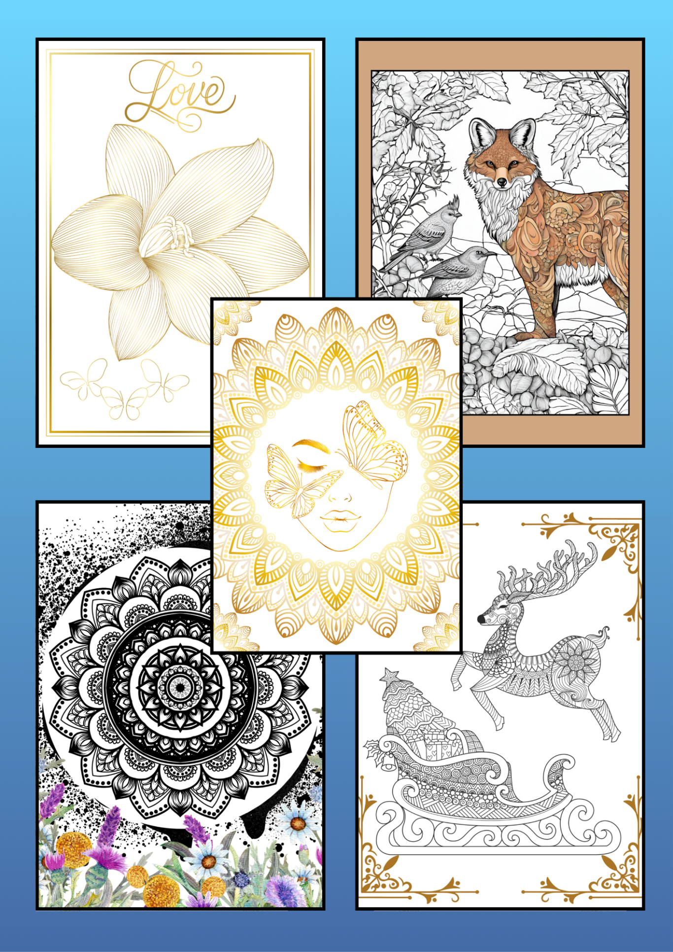 Cinq illustrations variées, incluant une orchidée, un renard, des mandalas et des poissons.