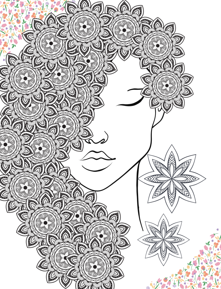 Coloriage Femme avec un élégant motif floral couvrant une partie de son visage.