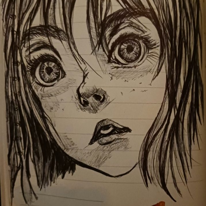 Croquis au stylo noir dans le style manga d'une jeune fille avec un air surpris dessiné par Aenor Sylvelle 