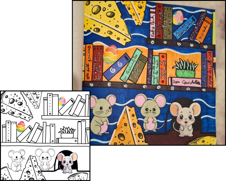 Dessin de coloriage détaillé d'une bibliothèque miniature habitée par des souris
