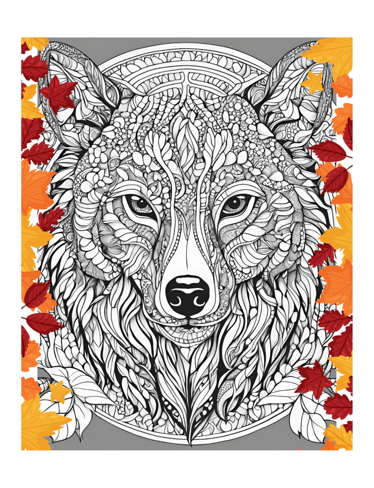 Tête de loup avec des décorations végétales et des feuilles d'automne colorées.