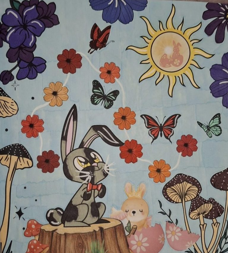 Lapins et papillons dans un jardin coloré, entourés de fleurs et de champignons.