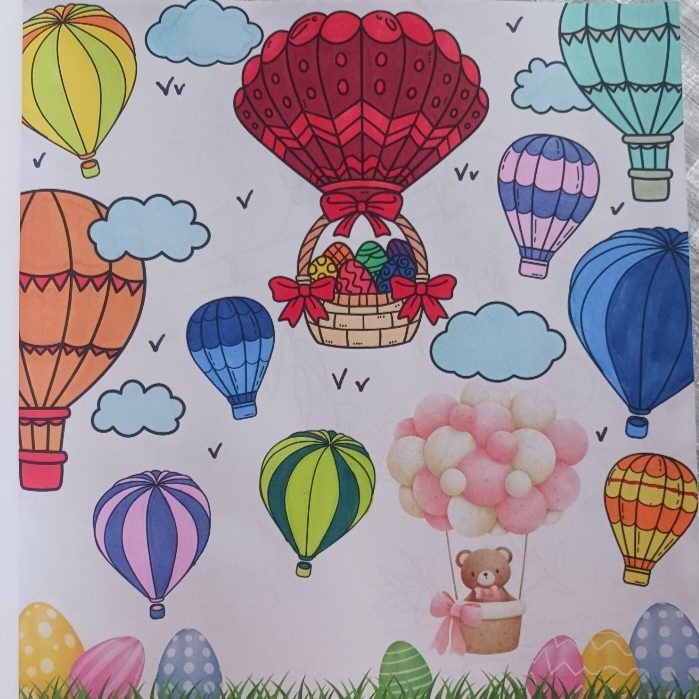 Scène colorée avec des ballons, un panier et des éléments de Pâques.