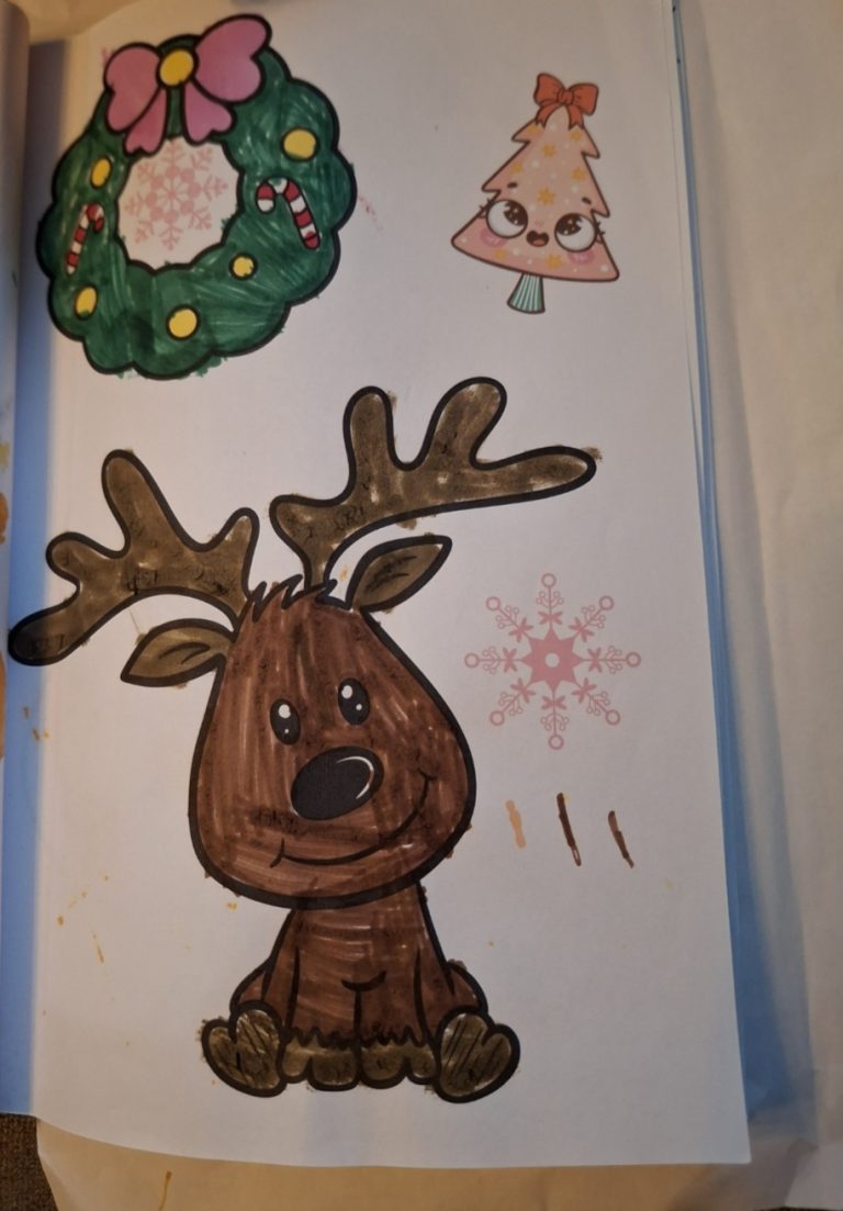 Livre "Un petit Noël tout doux" 3-6 ans Livre de coloriage "un petit Noël tout doux", on y voit un Renne tout mignon au nez noir avec une couronne de Noël et un sapin décoré.