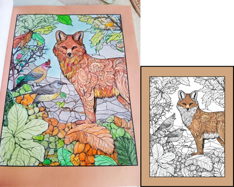 Illustration d'un renard dans un paysage coloré, avec des feuilles et des détails floraux.
